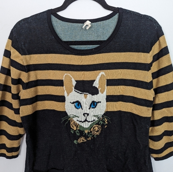 ModCloth TeeBerry & Weave L Cat Feline Sweater Dress Tunic Knit Striped French - Picture 6 of 15